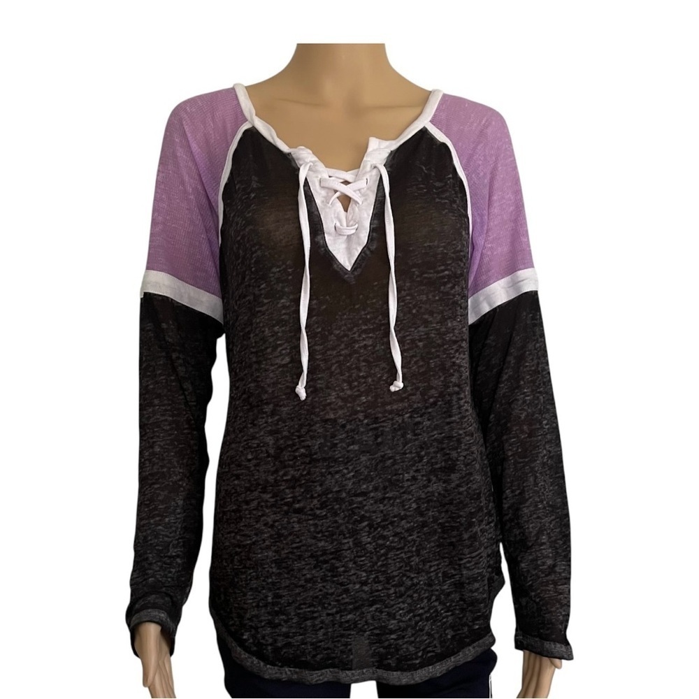 Bobby Brooks casual marble black and purple lace-up top shirt M long sleeves